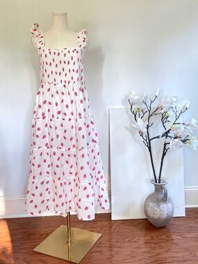 J Crew Strawberry Smocked Tiered Midi Dress L Cottagecore Ruffle Strap Picnic